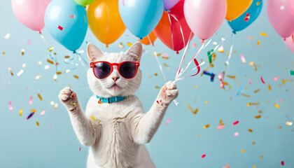 white cat wearing sunglasses holding happy birthday balloons and confetti explosion flying around on solid background (3)