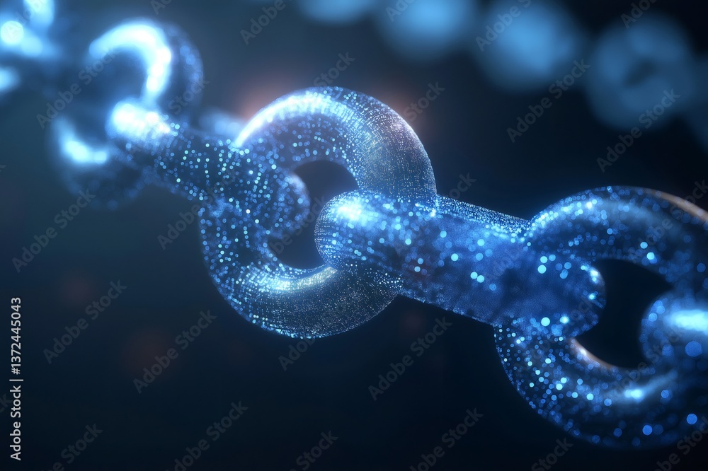 Poster digital chain made of glowing particles is representing blockchain technology, cryptocurrency and de