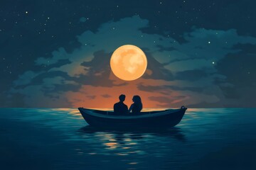 Couple sharing romantic moments while gliding on a boat under a luminous full moon and a breathtaking starry sky