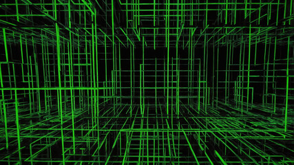 Obraz premium Green neon grid creating a perspective effect on a black background