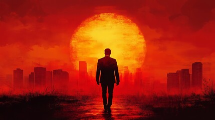 Fototapeta premium Facing The Future. Silhouette Of A Man Walking Towards A Bright Sun Overlooking The City. Concept For Ambition, Challenge, And Vision.