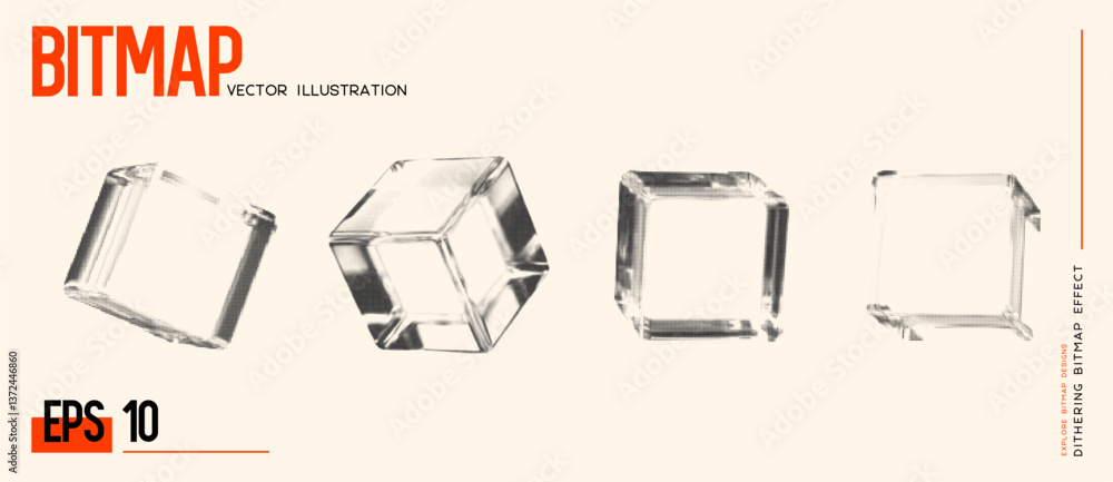 Aufkleber set of bitmap dithering cubes. abstract halftone effect geometric 3d shapes. trendy retro style. vec