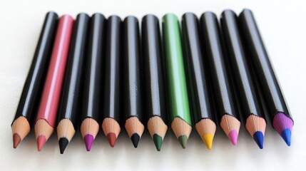 Naklejka premium A set of colorful eyeliner pencils arranged in a fan shape on a white satin background.