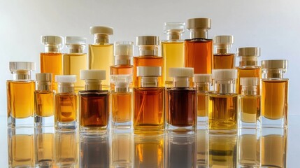 A set of different-sized perfume bottles arranged on a mirrored surface.