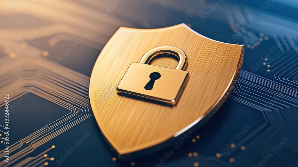 Poster a golden shield featuring a padlock symbolizes cybersecurity and protection, set against a backdrop 