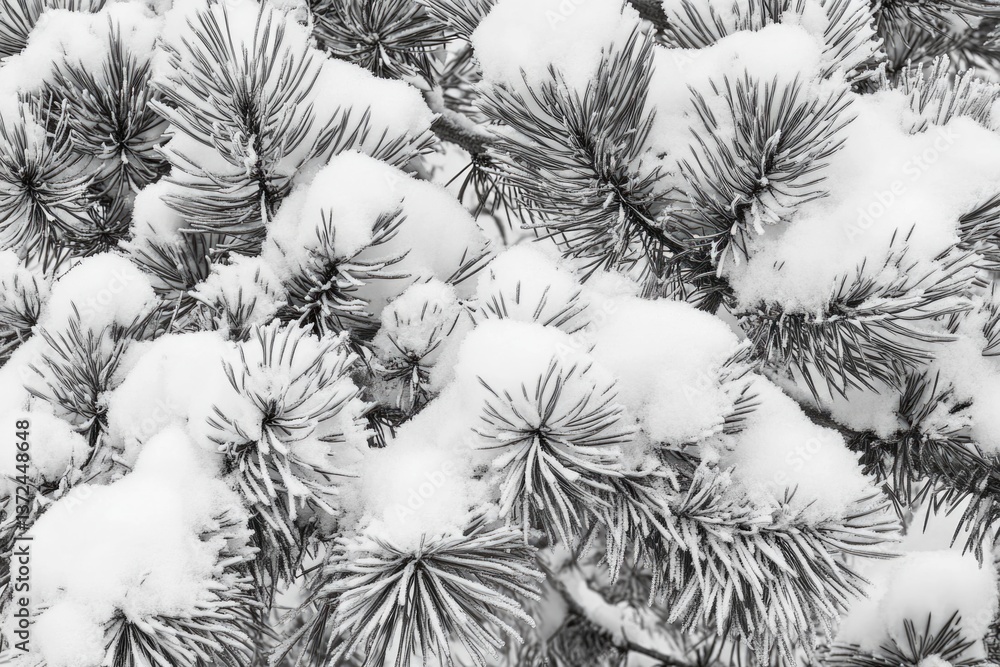 Poster close-up view of pristine snow blanketing the branches of a pine tree.