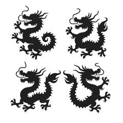 dragon silhouette on black background, vector illustration, fantasy design, mythical creature, emblematic art