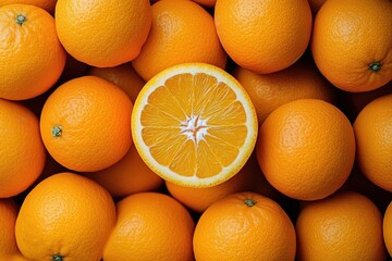 Ripe. bright orange oranges that cover the entire area. There is one orange on top, divided in half