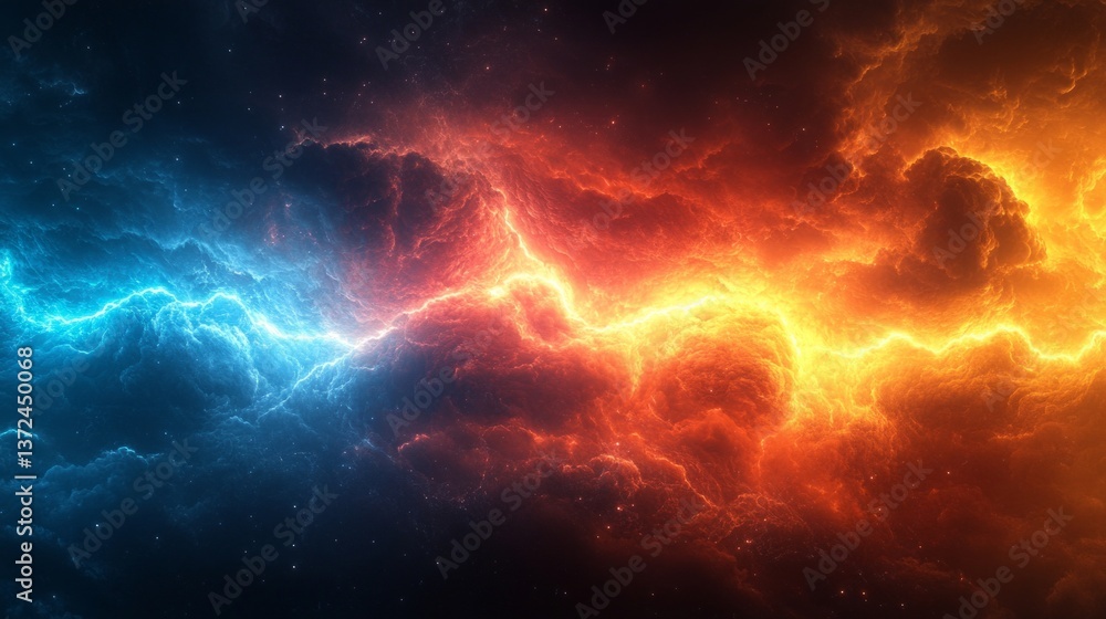 Poster dramatic contrasting colors collide in a stunning cosmic display. perfect for adding visual impact t