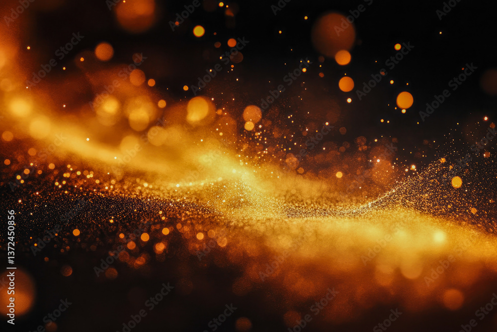 Poster an artistic representation of flowing golden particles, conveying a sense of movement and dynamic en