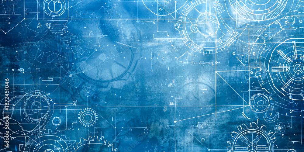 Poster an abstract technical design featuring gears and schematics, symbolizing the complexity of engineeri