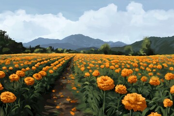 Fototapeta premium Scenic view of a vast marigold field ready for harvesting, with a picturesque mountain landscape in Italy, creating a vibrant and idyllic rural scene