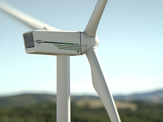 Wind turbine nacelle detail, energy, hills, sky, renewable