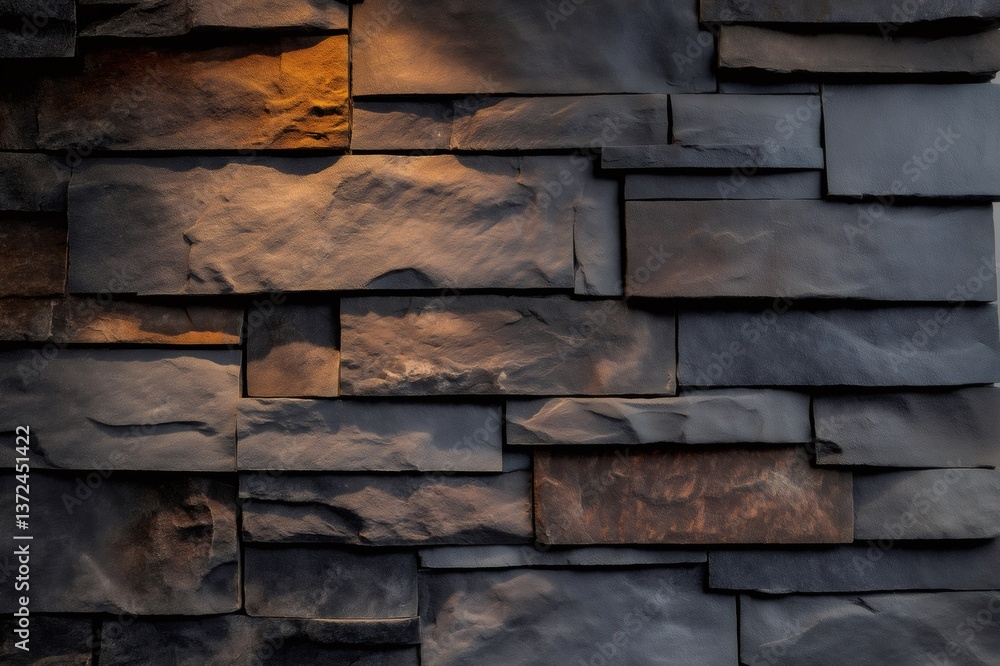 Aufkleber close up of a stacked stone wall featuring varying shades of dark gray, highlighted by a warm light 