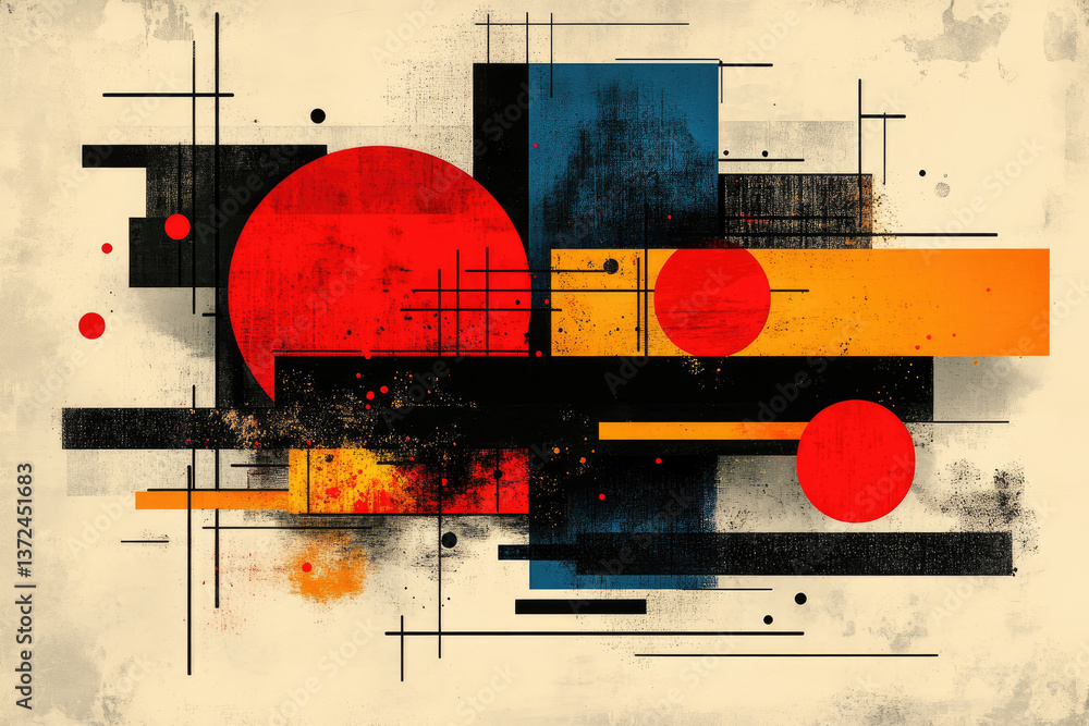 Poster a striking abstract work dominated by bold lines and vibrant colors, showcasing a clash of forms and