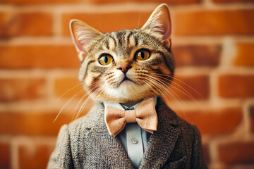 A charming domestic cat dressed in a stylish bow tie, presenting a delightful and humorous character to the viewer.