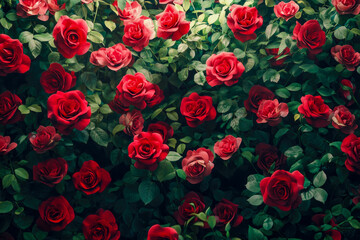A vibrant display of red roses celebrates love and beauty, evoking emotions of passion and romance in nature.