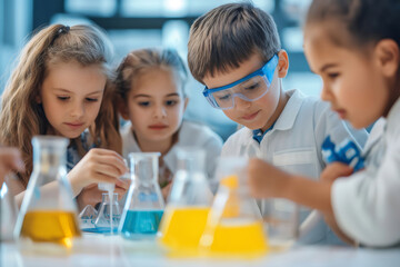 Young scientists wearing lab coats performing experiments with colorful liquids in beakers, learning about chemical reactions and scientific exploration