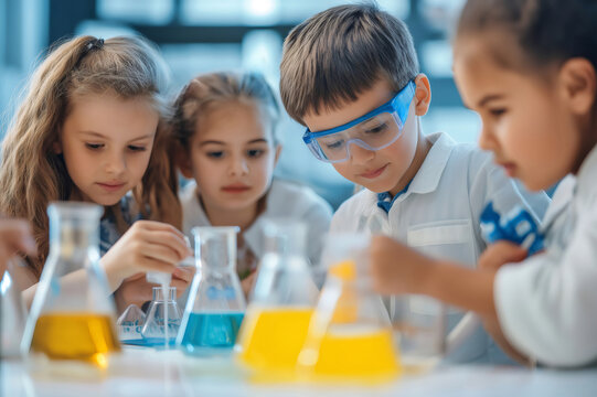 Young scientists wearing lab coats performing experiments with colorful liquids in beakers, learning about chemical reactions and scientific exploration