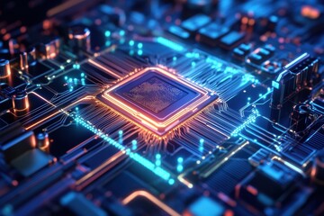 Obraz premium Brightly illuminated computer circuit board with intricate details and glowing elements