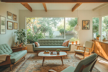 Fototapeta premium A vintage-inspired lounge filled with natural light, featuring stylish furniture that invites conversation and comfort.
