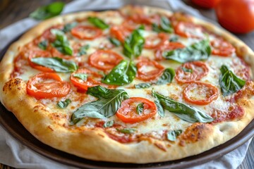 Deliciously crispy margherita pizza topped with fresh ingredients for a perfect bite.