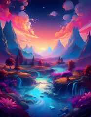Obraz premium Vibrant river flows through a colorful mountain valley at sunset