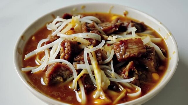 A bowl of rawon, an Indonesian dish on a white background
