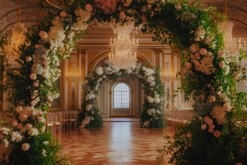 Elegant ballroom with crystal chandelier and flower arch, prepared for wedding ceremony, creating a luxurious and romantic atmosphere