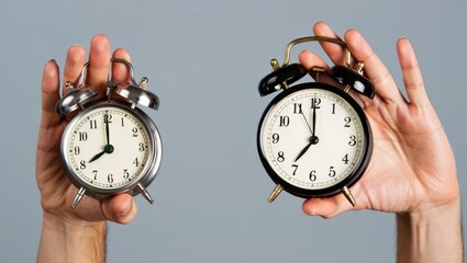 Two hands holding vintage alarm clocks against a plain background, symbolizing time management and punctuality.