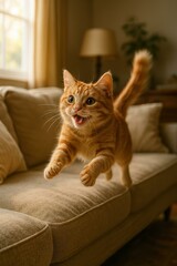 Energetic ginger cat leaping on a cozy sofa in a sunlit living room, showcasing playful behavior and agility.