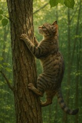 A tabby cat climbing a tree in a lush green forest, showcasing its agility and curiosity.