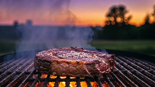 Perfectly grilled steak at sunset in a serene outdoor setting