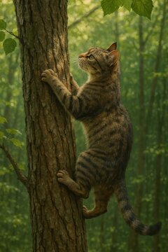 A tabby cat climbing a tree in a lush green forest, showcasing its agility and curiosity.