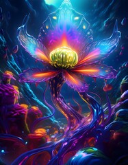 Glowing alien flower growing on an exoplanet at night