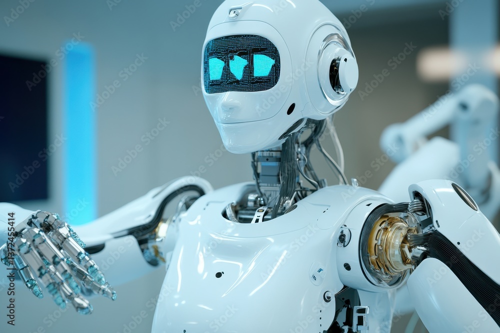 Poster robotic assistant demonstrating advanced technology in a modern workspace environment