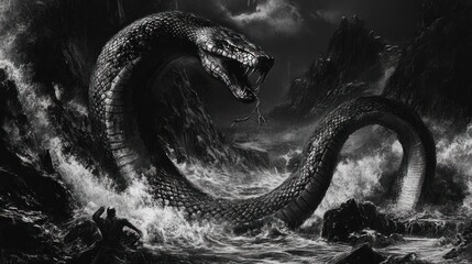 Fototapeta premium Mythical serpent attacks a victim in stormy coastal mountains