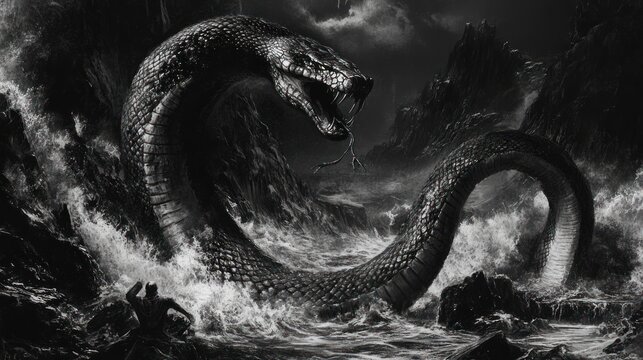 Mythical serpent attacks a victim in stormy coastal mountains