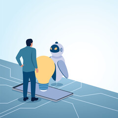 A man holding a big idea bulb along with a robot on top of a phone. A metaphorical illustration for the integration of artificial intelligence, unification and the digital future.