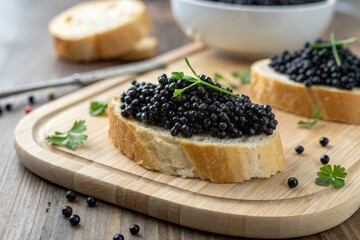 Delicious Black Caviar Served on Fresh Bread Slice on Wooden Table Generative AI