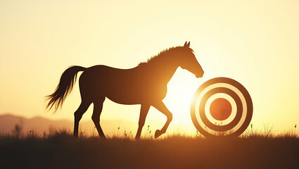 Photo realistic double exposure of a horse silhouette and a savings target symbolizing goal-oriented savings and financial planning with copy space.