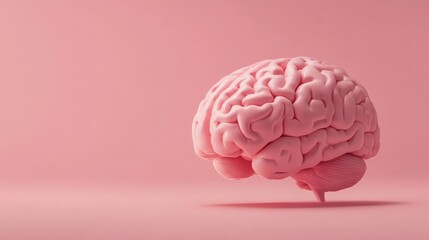 Human brain side view illustration showcasing detailed folds and structures on a pink background with ample copy space