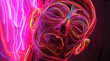 Neon art portrait of a head, vibrant colors, abstract lines, glow