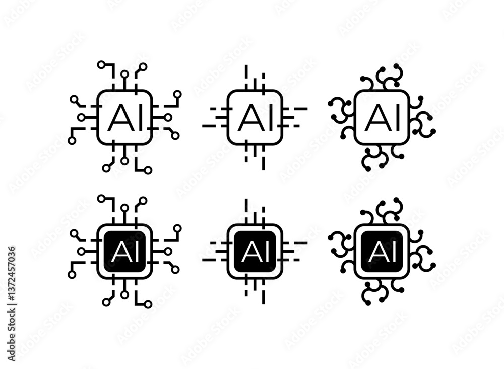 Poster set of line ai chip cpu icon logo. modern, trendy, futuristic artificial intelligence shape vector i