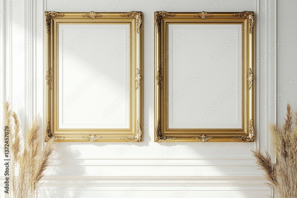 Poster elegant golden frames set against a pristine white backdrop create a stunning visual contrast.