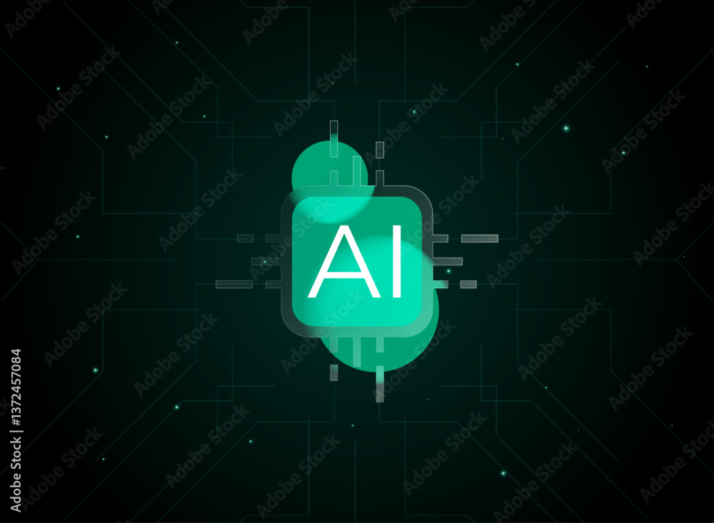Poster modern green ai chip cpu circuit with sphere background. modern glass morphism, trendy, futuristic g