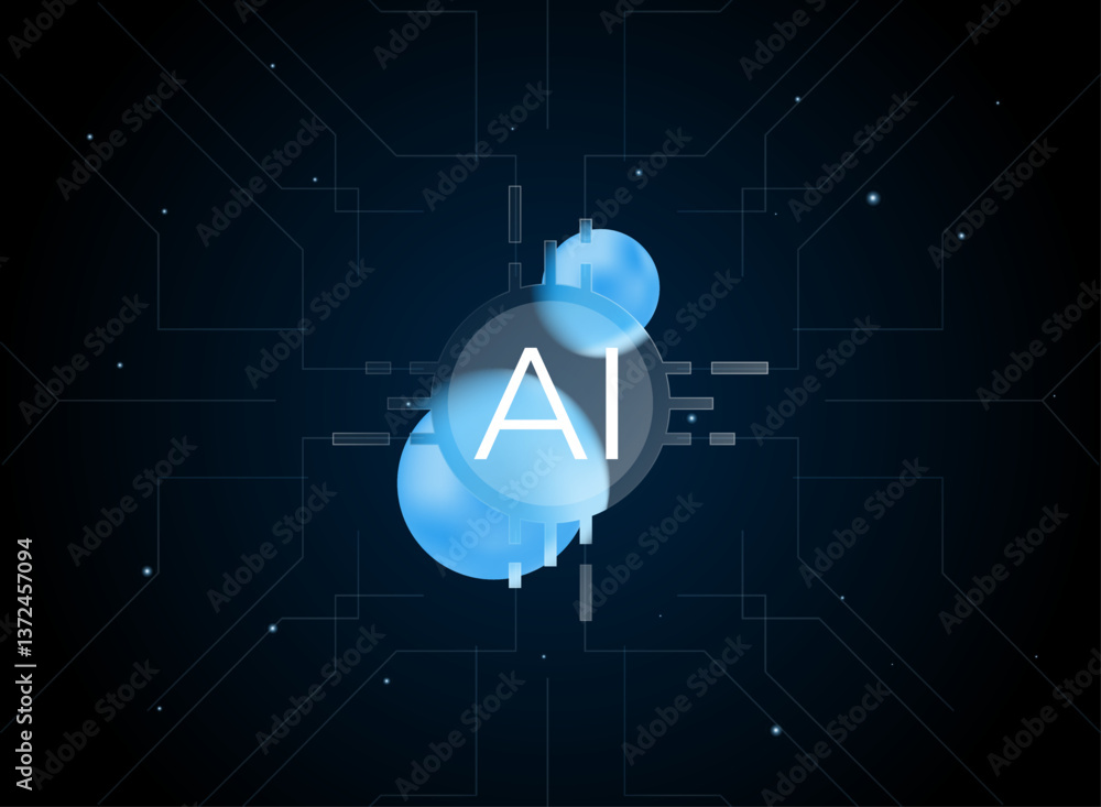 Poster blue round ai chip cpu icon with circuit background. modern glass morphism, trendy, futuristic gradi