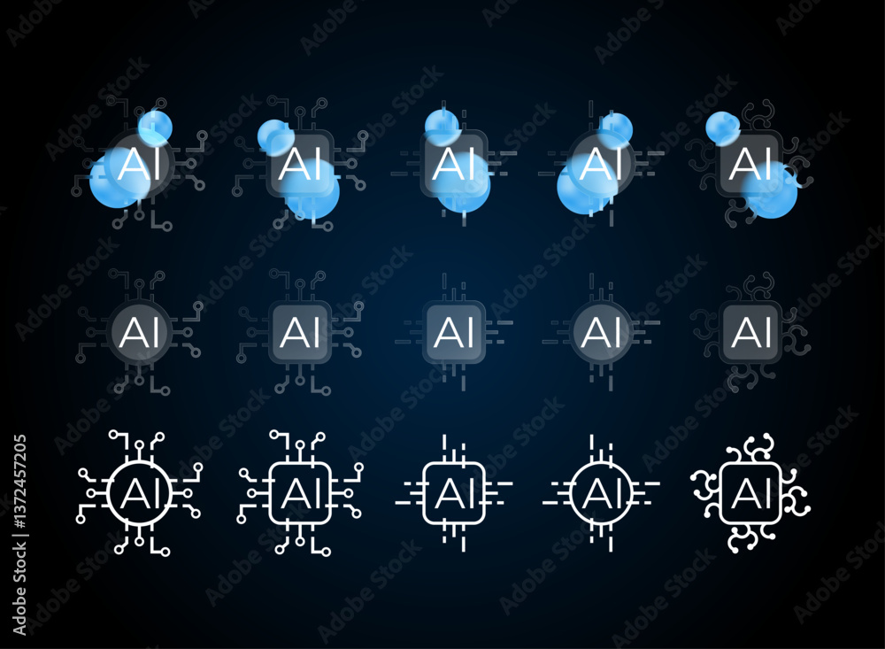 Poster set of different 3 style ai chip cpu. modern glass morphism, trendy, futuristic gradient artificial 