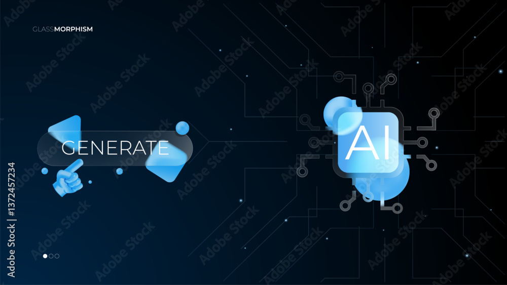 Poster ai generate button bar with glass circuit and blue blurred sphere background template. modern glass 