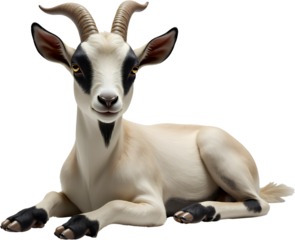 Lying Goat with Horns, Black Markings, transparent background.